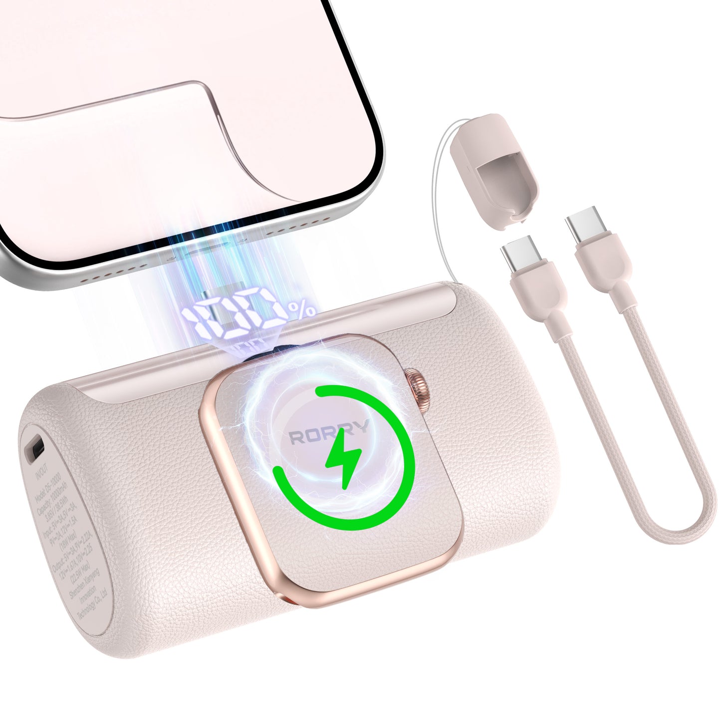 RORRY Mini Portable Charger for iPhone 17 16 15,10,000mAh Power Bank with Built-in USB-C Connector, Travel Battery Pack for iPhone Apple Watch and More,