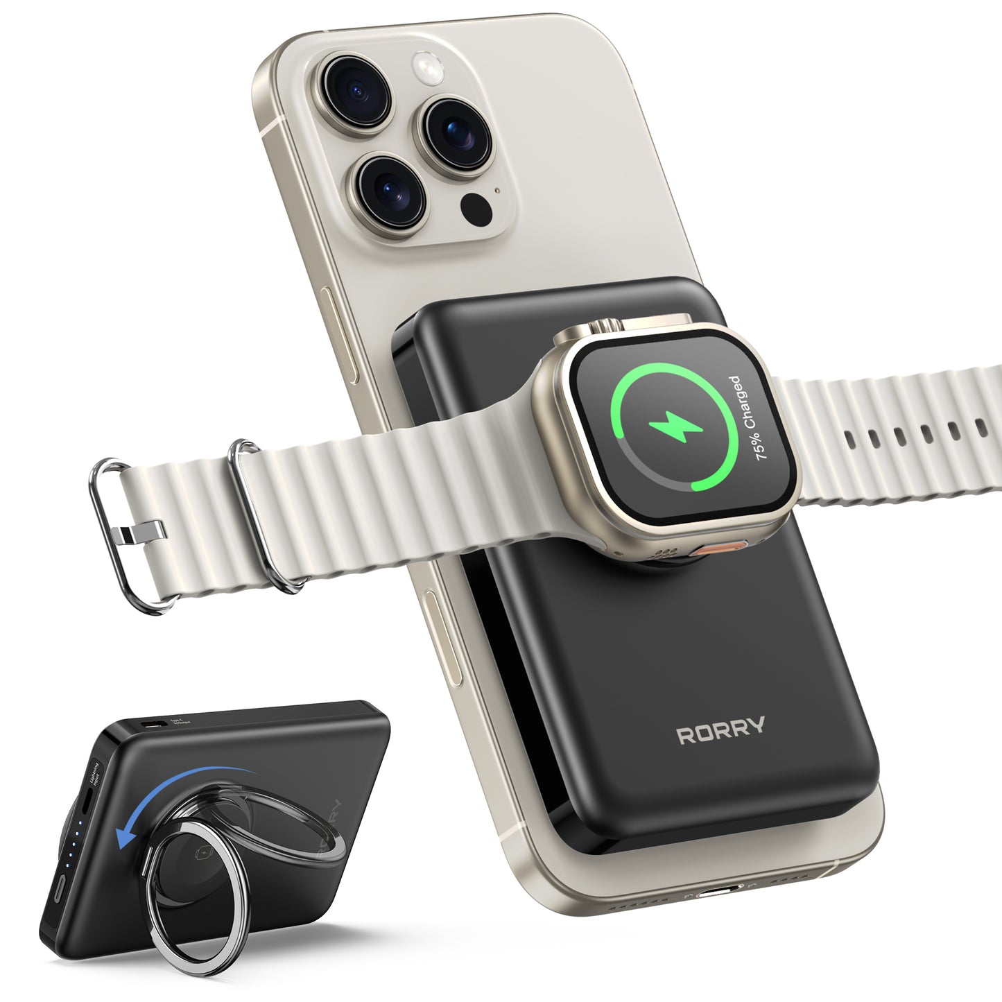 RORRY Magnetic Power Bank for iPhone & Apple Watch, 10000mAh Magsafe Portable Charger with Ring Stand, Fast Wireless Charging, for iPhone 16/15/14/13/12, Apple Watch Ultra/10/9/8/7/6