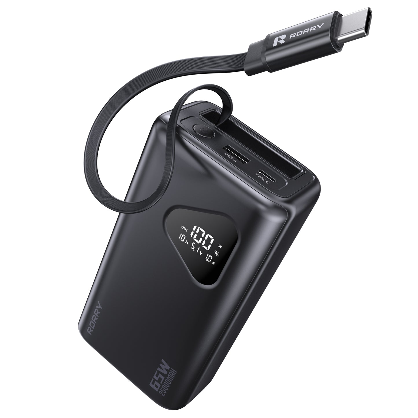 RORRY 65W Portable Charger 25000mAh Power Bank with Retractable USB-C Cable, Fast Charging Laptop Power Bank for iPhone 16/15,MacBook , iPad, Dell, Samsung