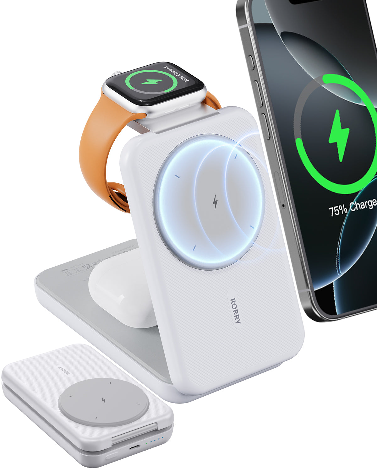 RORRY Portable Charger, 3-in-1 Charging Station 10000mAh Portable Charger Power Bank for MagSafe Foldable Battery Pack Travel for iPhone 16/15/14/13/12, for Apple Watch 10/9/8/7/6/5/Ultra/2