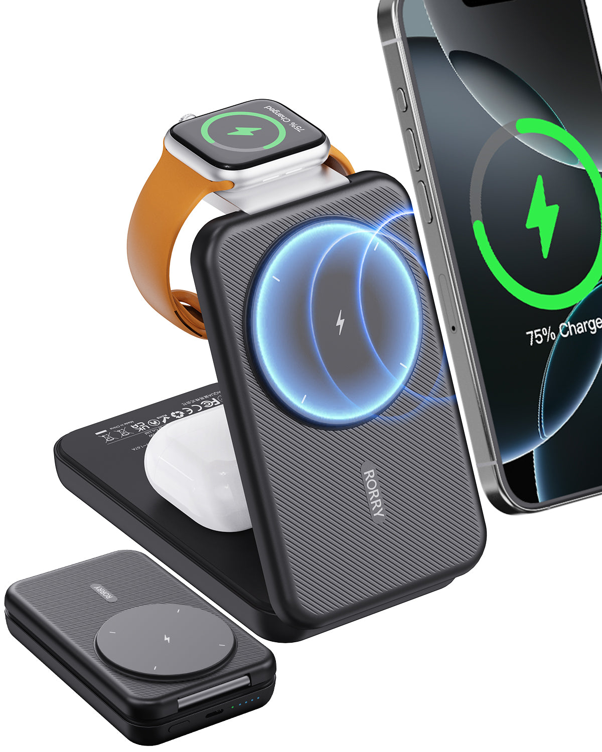 RORRY Portable Charger, 3-in-1 Charging Station 10000mAh Portable Charger Power Bank for MagSafe Foldable Battery Pack Travel for iPhone 16/15/14/13/12, for Apple Watch 10/9/8/7/6/5/Ultra/2