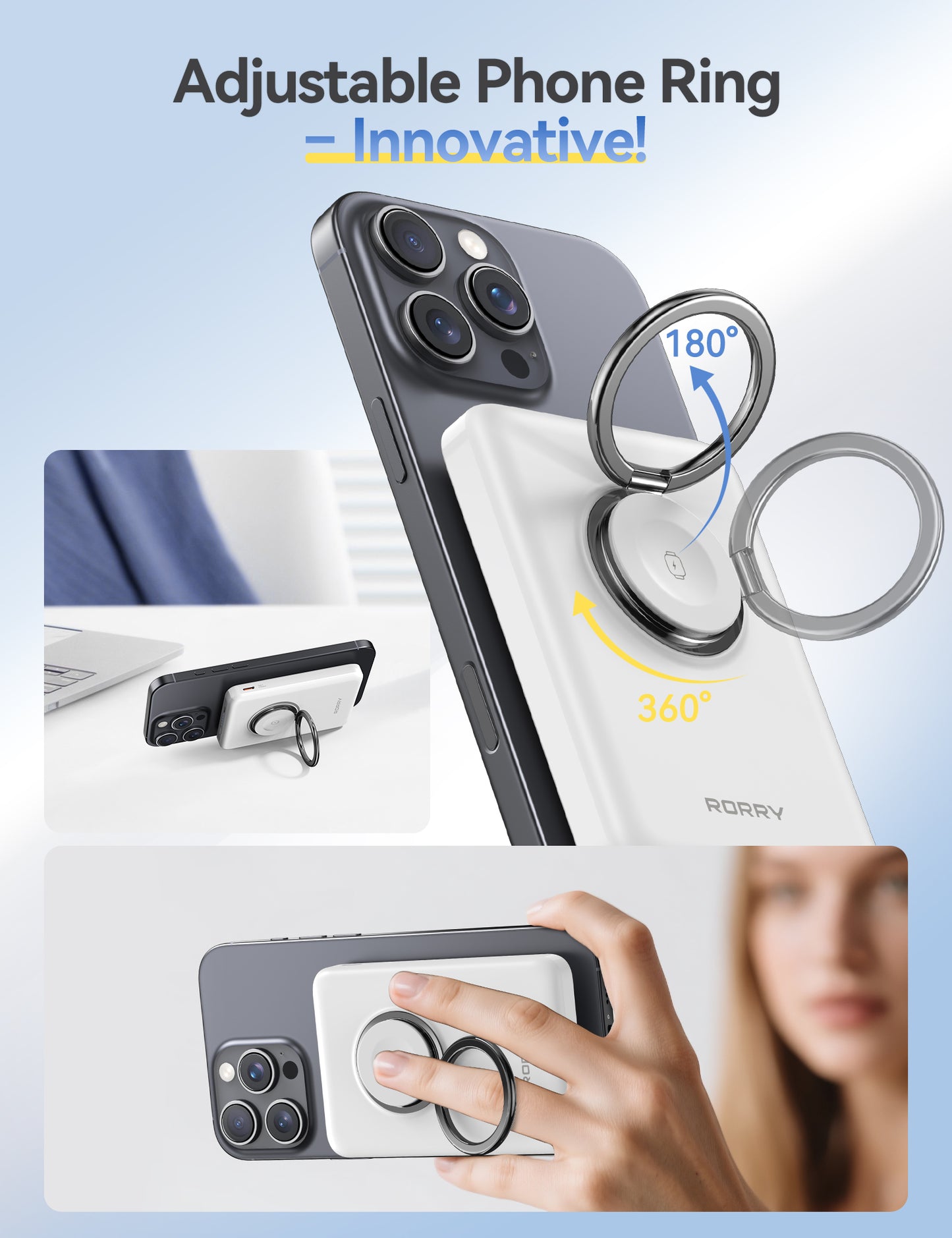 RORRY Magnetic Power Bank for iPhone & Apple Watch, 10000mAh Magsafe Portable Charger with Ring Stand, Fast Wireless Charging, for iPhone 16/15/14/13/12, Apple Watch Ultra/10/9/8/7/6