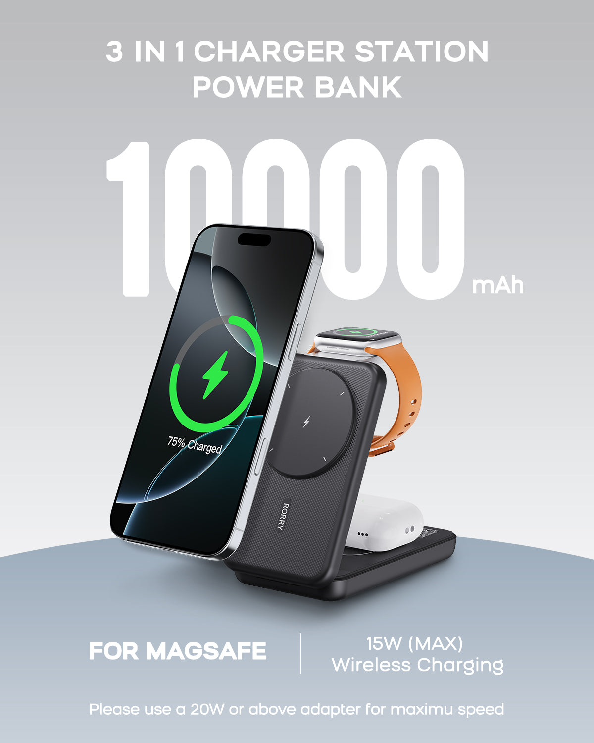 RORRY Portable Charger, 3-in-1 Charging Station 10000mAh Portable Charger Power Bank for MagSafe Foldable Battery Pack Travel for iPhone 16/15/14/13/12, for Apple Watch 10/9/8/7/6/5/Ultra/2