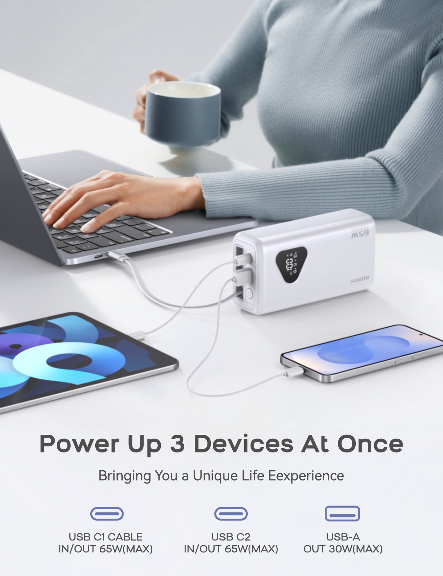 RORRY 65W Portable Charger 25000mAh Power Bank with Retractable USB-C Cable, Fast Charging Laptop Power Bank for iPhone 16/15,MacBook , iPad, Dell, Samsung