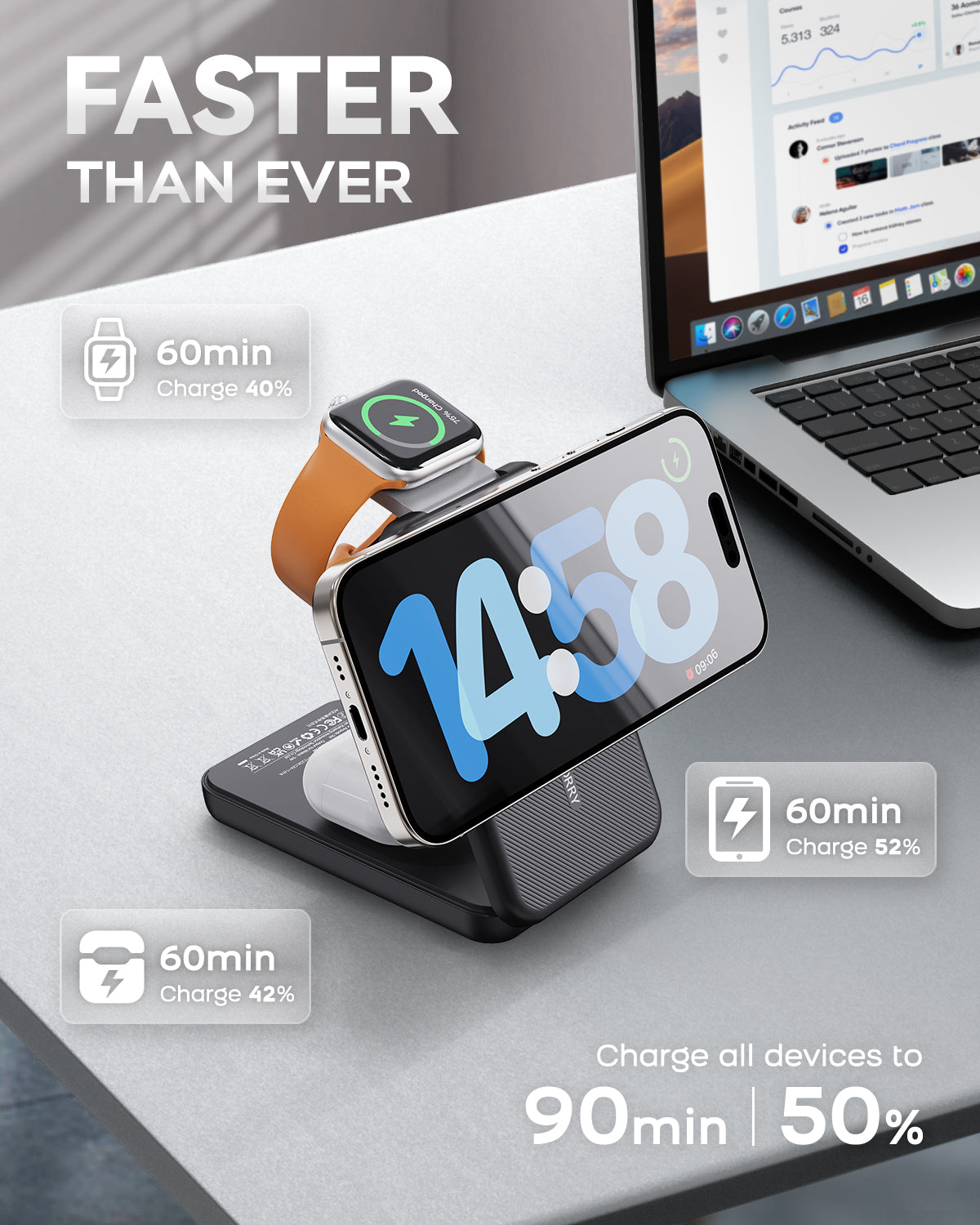 RORRY Portable Charger, 3-in-1 Charging Station 10000mAh Portable Charger Power Bank for MagSafe Foldable Battery Pack Travel for iPhone 16/15/14/13/12, for Apple Watch 10/9/8/7/6/5/Ultra/2