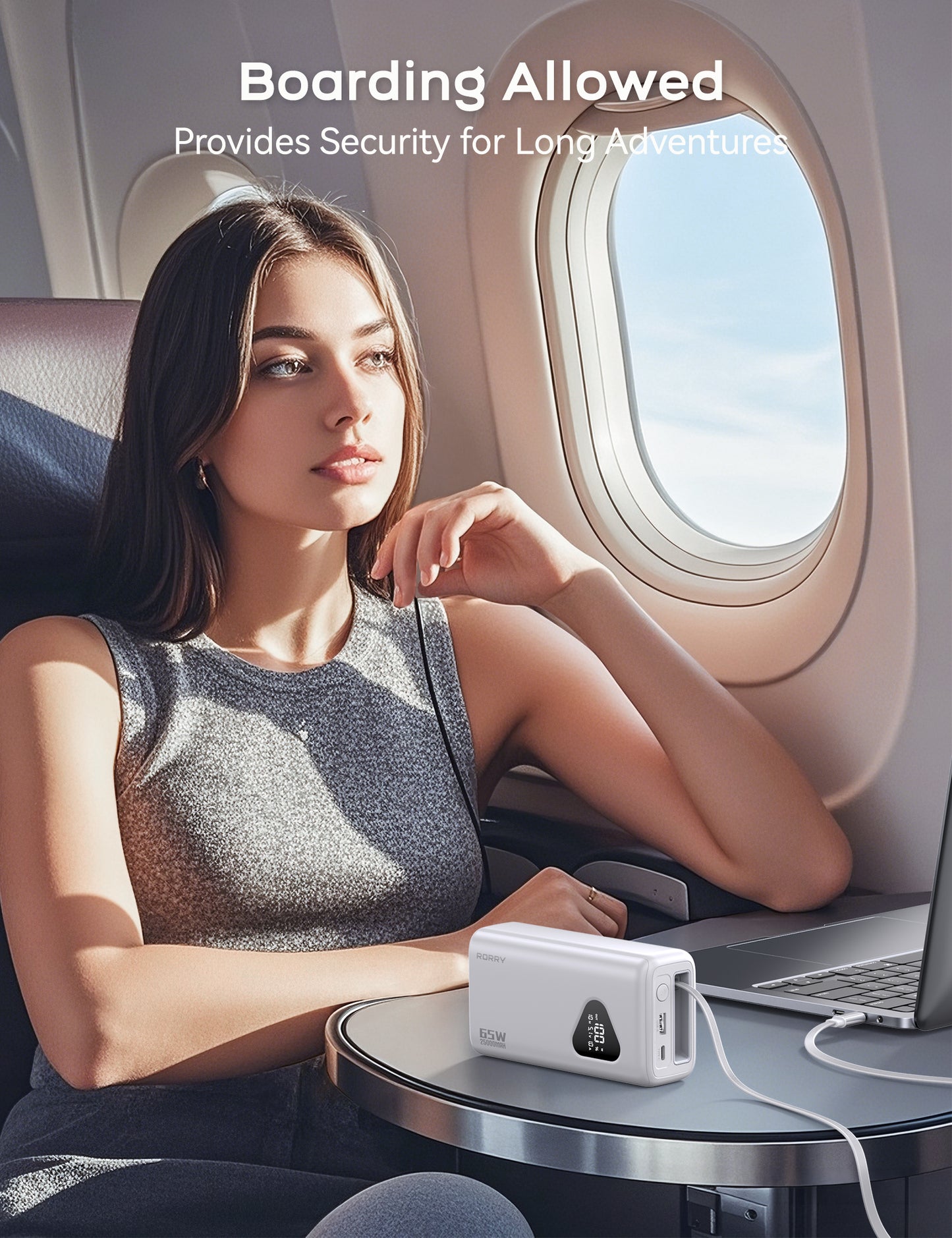 RORRY 65W Portable Charger 25000mAh Power Bank with Retractable USB-C Cable, Fast Charging Laptop Power Bank for iPhone 16/15,MacBook , iPad, Dell, Samsung