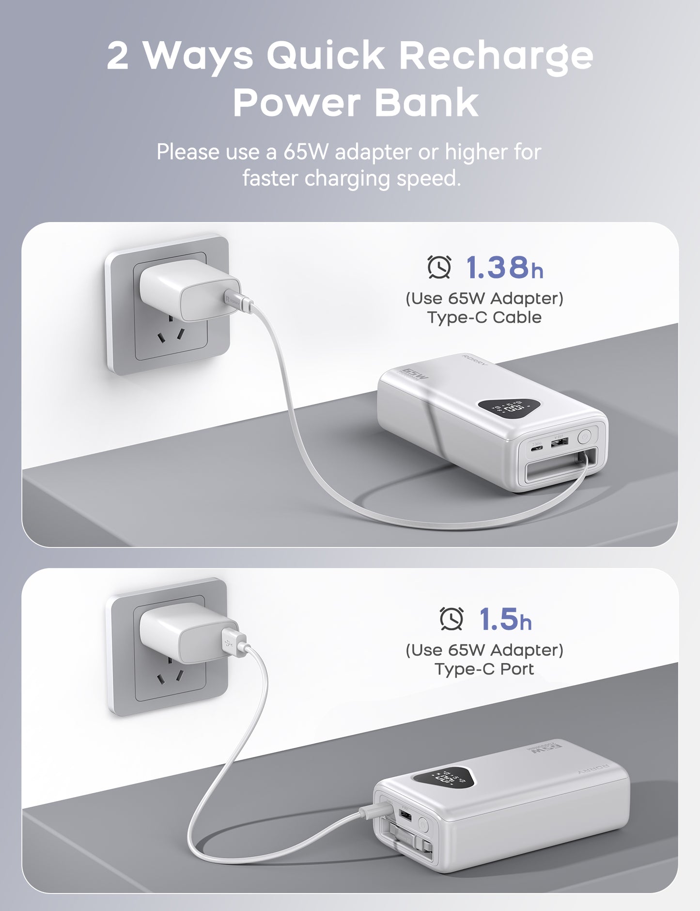 RORRY 65W Portable Charger 25000mAh Power Bank with Retractable USB-C Cable, Fast Charging Laptop Power Bank for iPhone 16/15,MacBook , iPad, Dell, Samsung