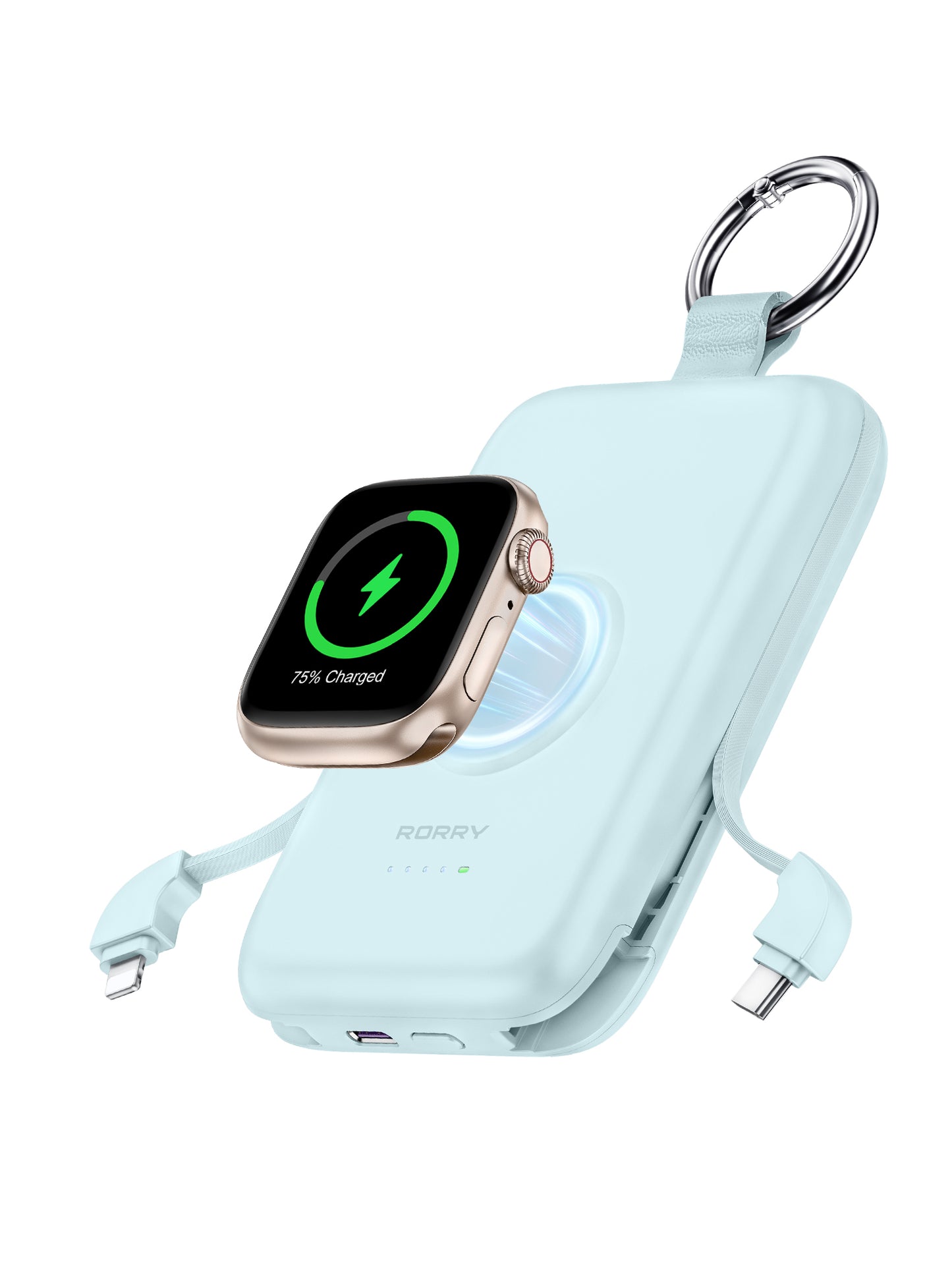 RORRY D2 10000mAh Portable Charger, 20W Fast Charging Portable Charger Power Bank with Built in Cables, Travel Battery Pack for iPhone 16/15/14/13/12 and Apple Watch Ultra/9/8/7/6/5/4/3/2
