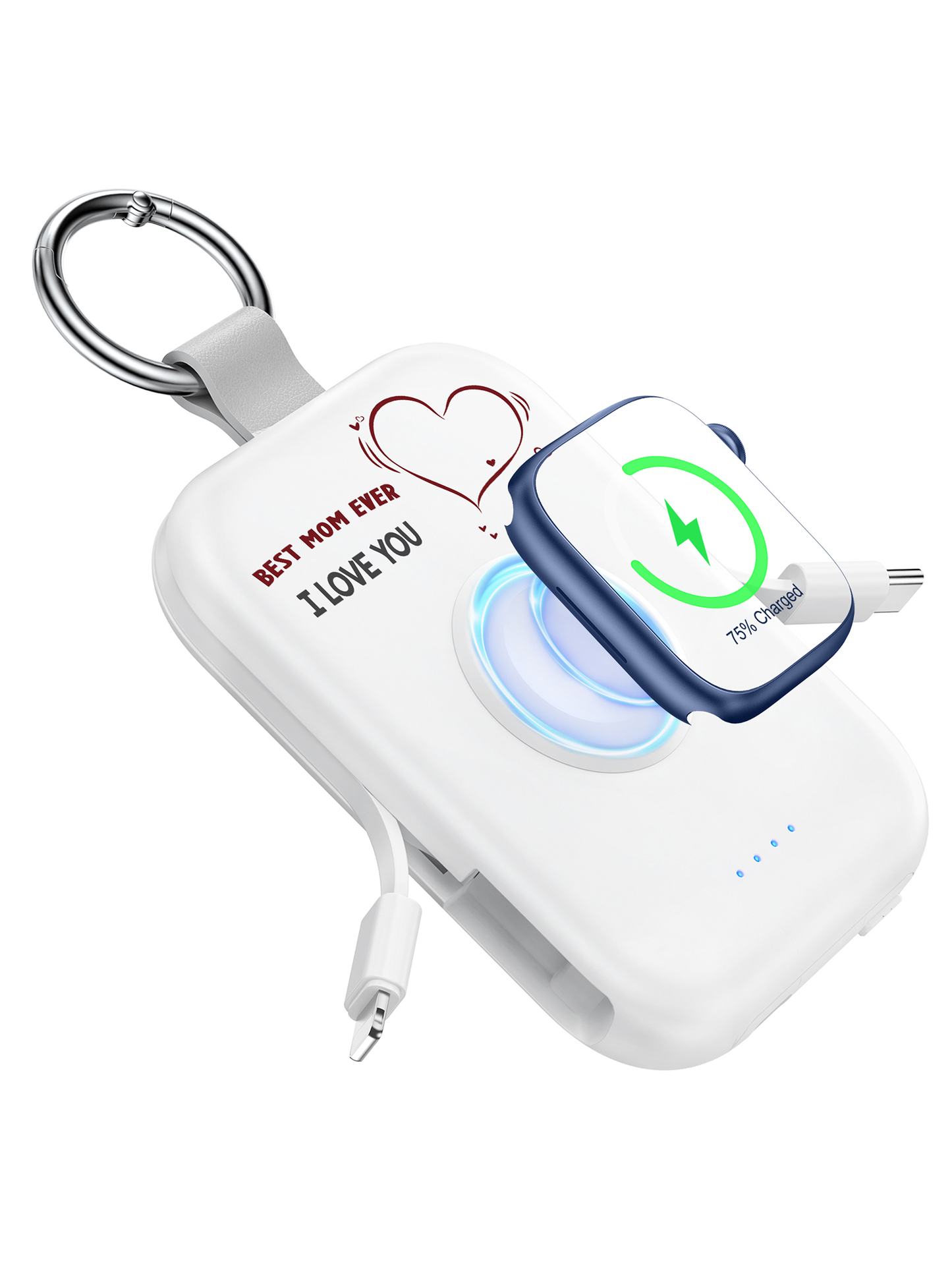 RORRY D2 5000mAh Portable Charger, Portable Charger Power Bank with Built-in Cables, Travel Keychain Battery Pack for Apple Watch Ultra 2/10/9/8/Ultra/7/6/SE/5, iPhone 16/15/14/13/12