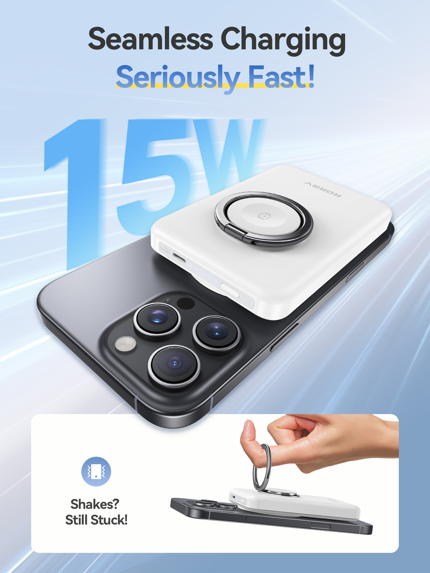 RORRY P1 10000mAh for Magsafe Battrery Pack, Magnetic Power Bank, 20W PD Fast Charging Wireless Portable Charger with Phone Ring for iPhone 16/15/14/13/12, Apple Watch Ultra/10/9/8/7/6/5/4//SE