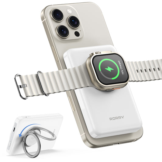 RORRY Magnetic Power Bank for iPhone & Apple Watch, 10000mAh Magsafe Portable Charger with Ring Stand, Fast Wireless Charging, for iPhone 16/15/14/13/12, Apple Watch Ultra/10/9/8/7/6