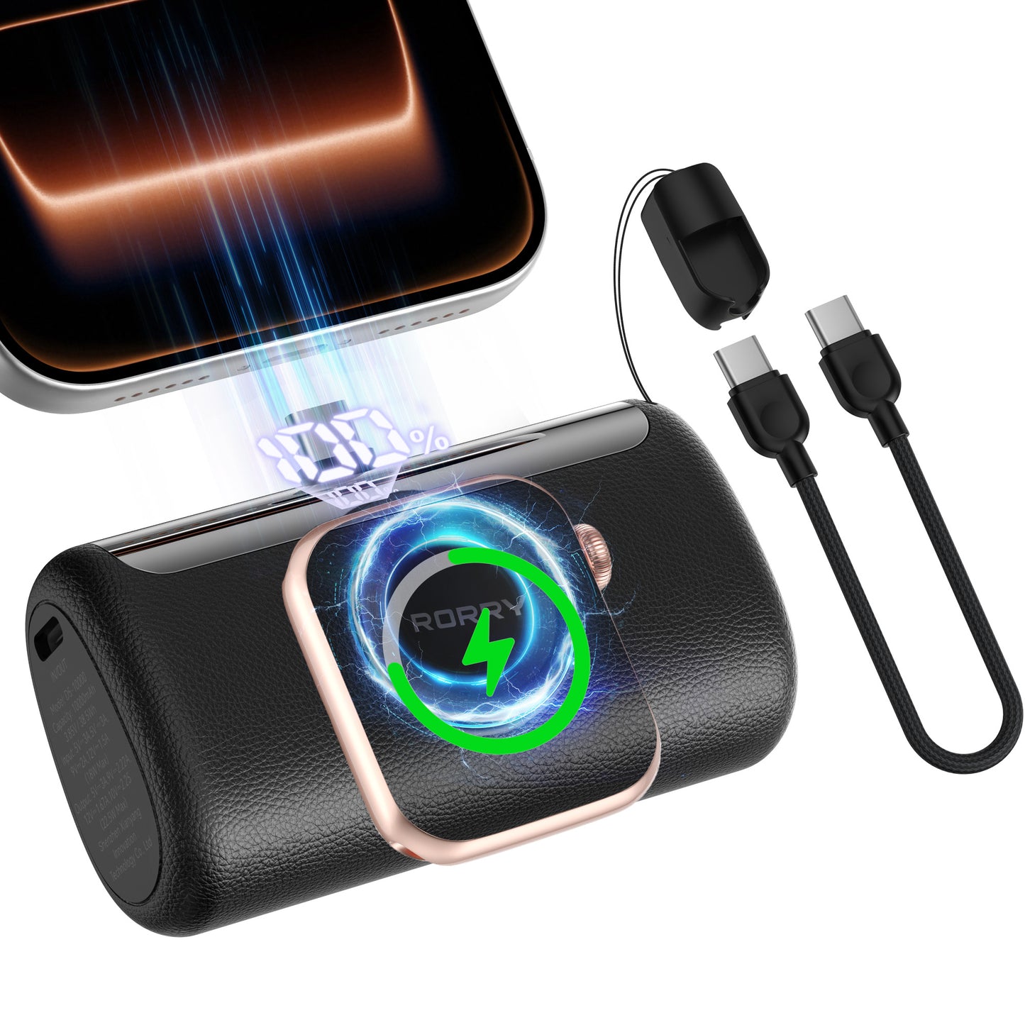 RORRY Mini Portable Charger for iPhone 17 16 15,10,000mAh Power Bank with Built-in USB-C Connector, Travel Battery Pack for iPhone Apple Watch and More,