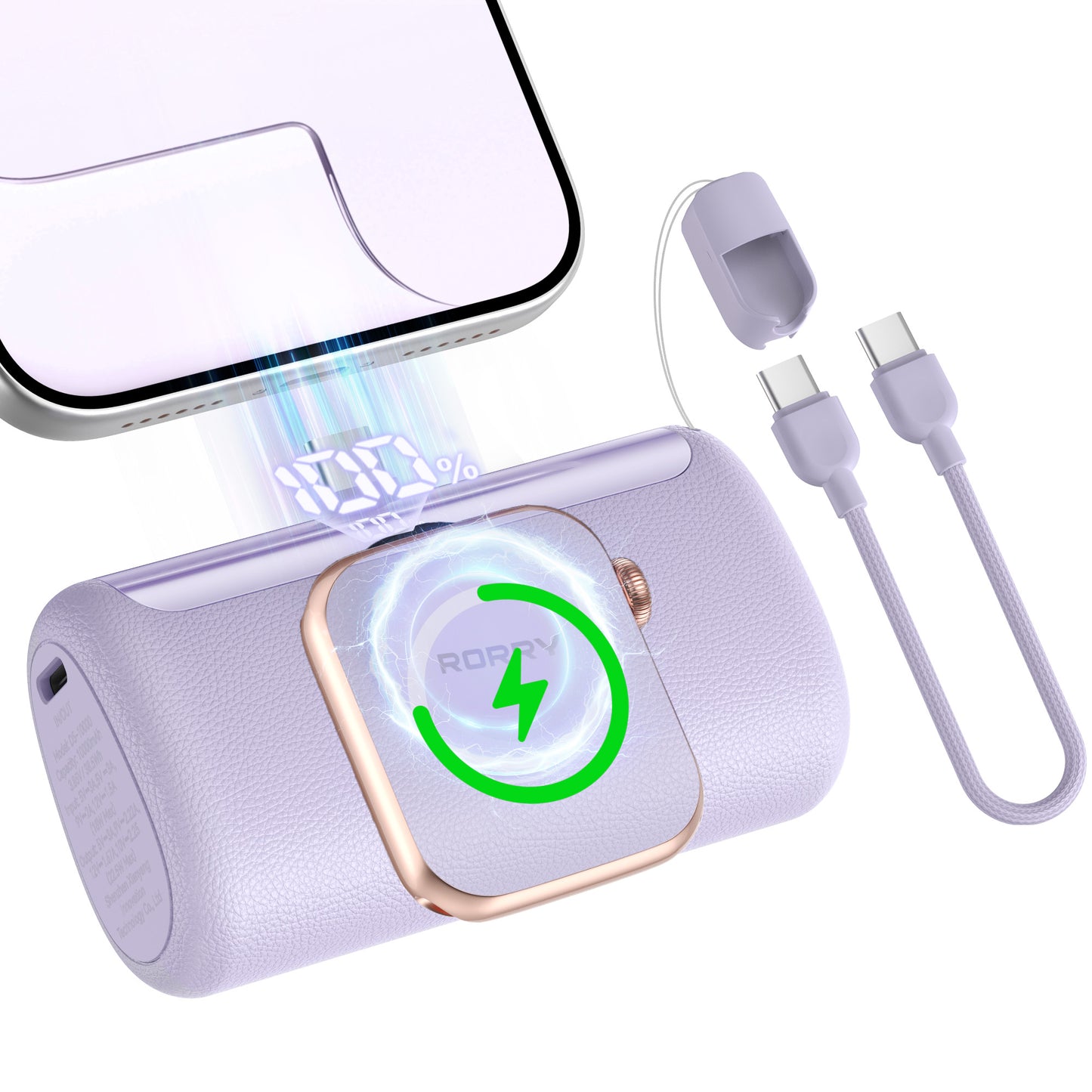 RORRY Mini Portable Charger for iPhone 17 16 15,10,000mAh Power Bank with Built-in USB-C Connector, Travel Battery Pack for iPhone Apple Watch and More,