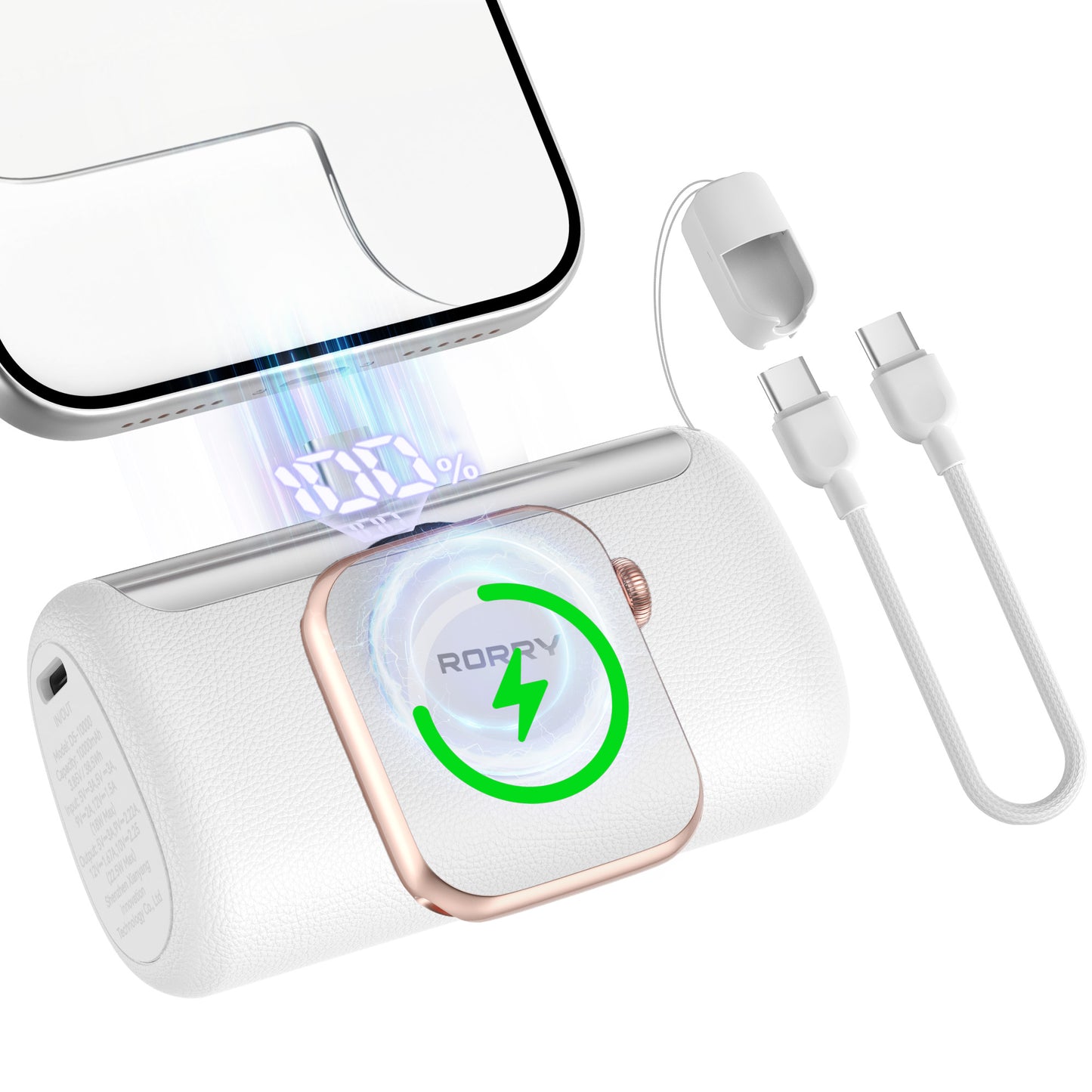 RORRY Mini Portable Charger for iPhone 17 16 15,10,000mAh Power Bank with Built-in USB-C Connector, Travel Battery Pack for iPhone Apple Watch and More,