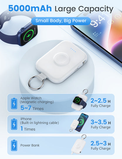 RORRY Portable Apple Watch Charger,5000mAh iWatch Wireless Charger Power Bank with Built-in Cable,Travel Keychain Charger for Apple Watch 9/Ultra2/8/Ultra/7/6/Se/5/4,iPhone 15/14/13/12/11 (White)