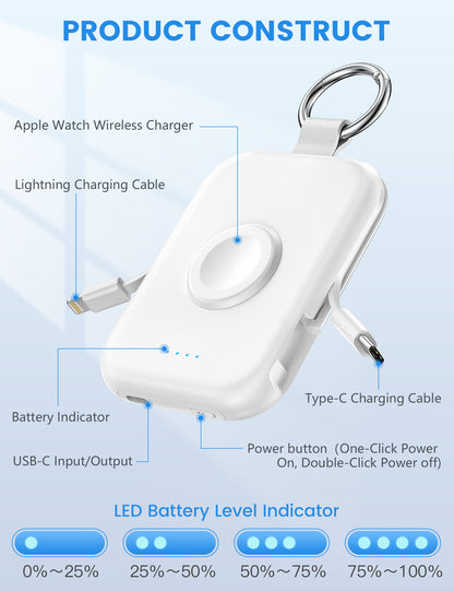 RORRY Portable Apple Watch Charger,5000mAh iWatch Wireless Charger Power Bank with Built-in Cable,Travel Keychain Charger for Apple Watch 9/Ultra2/8/Ultra/7/6/Se/5/4,iPhone 15/14/13/12/11 (White)