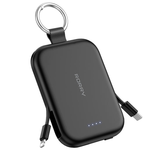 RORRY Portable Charger, 5000mAh Portable Charger Power Bank with Built-in Cables, Travel Keychain Charger Battery Pack for iPhone 17/16/15/14/13/12, for AirPods 2/3/4/Pro