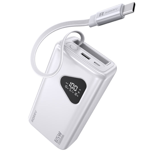 RORRY 65W Portable Charger 25000mAh Power Bank with Retractable USB-C Cable, Fast Charging Laptop Power Bank for iPhone 16/15，MacBook , iPad, Dell, Samsung