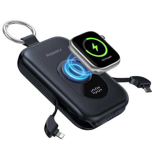 RORRY Portable Charger 20000mAh, 30W Fast Charging Power Bank with Built-in Cables & Apple Watch Charger, Travel Essential Battery Pack for iPhone/iPad