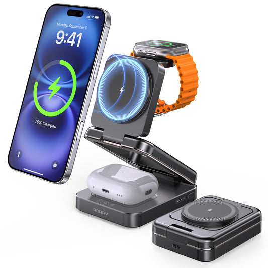 RORRY 3-in-1 Portable Charger for Apple Devices, 5000mAh Foldable Wireless Charging Station for iPhone 16/15/14/13/12, Apple Watch, and AirPods