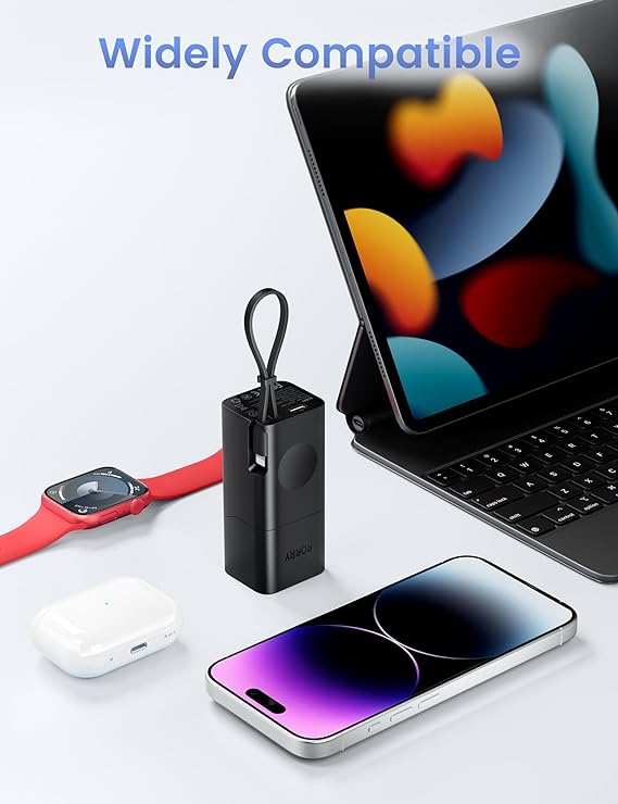 RORRY Power Bank, 5200mAh Portable Charger with Built-in Cable and AC Plug, PD 20W Fast Charging Battery Pack Compatible with iPhone, Apple Watch, AirPods, and More