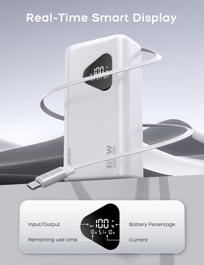RORRY 65W Portable Charger 25000mAh Power Bank with Retractable USB-C Cable, Fast Charging Laptop Power Bank for iPhone 16/15，MacBook , iPad, Dell, Samsung