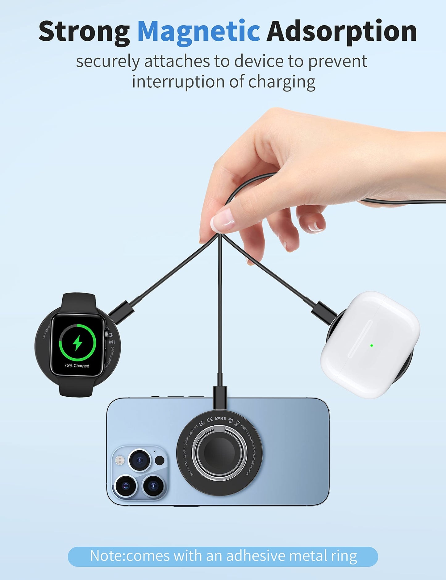 RORRY 3 in 1 Magnetic Wireless Charger, 15W Fast Charging Pad Phone Ring Holder, Μαg-Sαfe/Qi Wireless Charger Compatible with iPhone 12/13/14/15, Apple Watch 9/Ultra2/8/7/6/5/4/3/SE/Ultra,(White)