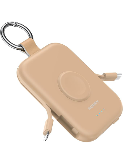 RORRY D2 5000mAh Portable Charger, Portable Charger Power Bank with Built-in Cables, Travel Keychain Battery Pack for Apple Watch Ultra 2/10/9/8/Ultra/7/6/SE/5, iPhone 16/15/14/13/12