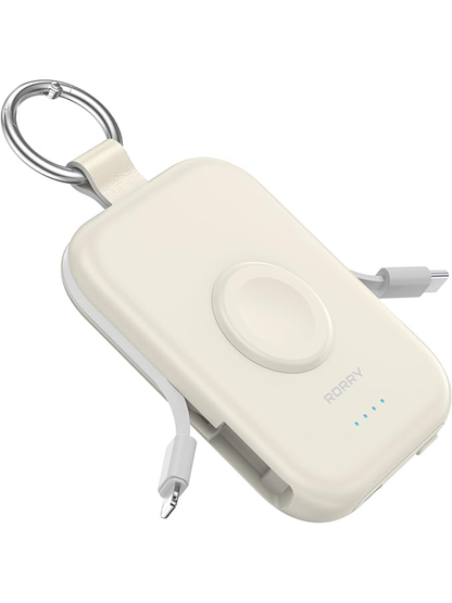 RORRY D2 5000mAh Portable Charger, Portable Charger Power Bank with Built-in Cables, Travel Keychain Battery Pack for Apple Watch Ultra 2/10/9/8/Ultra/7/6/SE/5, iPhone 16/15/14/13/12