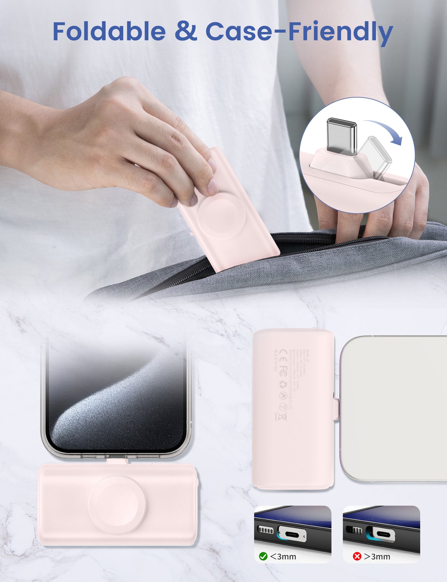 RORRY Mini Portable Charger for iPhone,5000mAh Small &Ultra-Compact 15W PD Fast Charging Power Bank Compatible with iPhone 15/14/13/12/11/XR/X/8 and Apple Watch Series 9/Ultra2/8/Ultra/7/6/5/4/3/SE