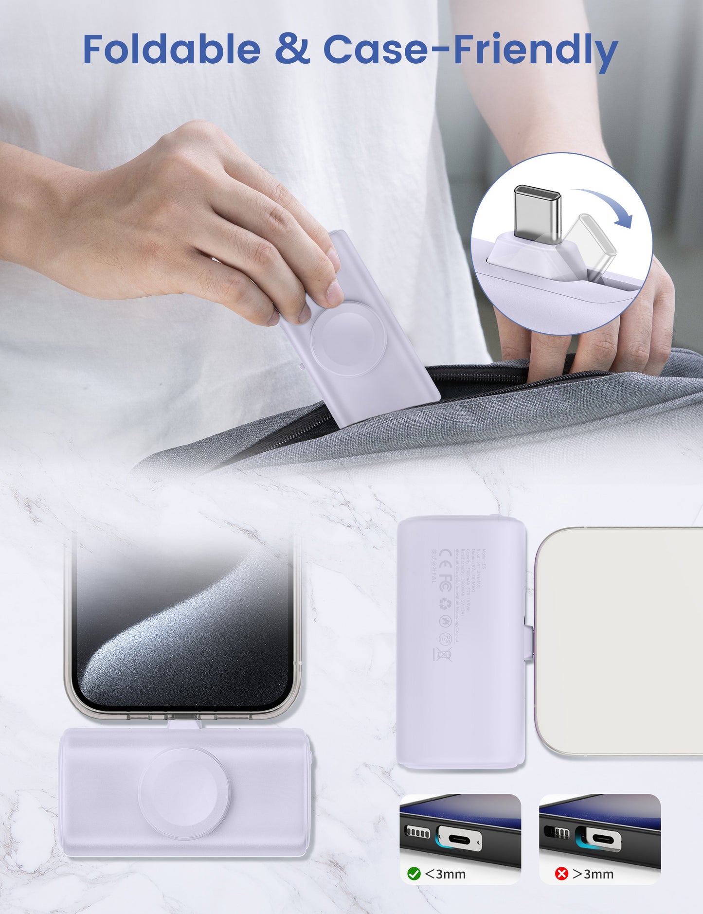 RORRY Mini Portable Charger for iPhone,5000mAh Small &Ultra-Compact 15W PD Fast Charging Power Bank Compatible with iPhone 15/14/13/12/11/XR/X/8 and Apple Watch Series 9/Ultra2/8/Ultra/7/6/5/4/3/SE