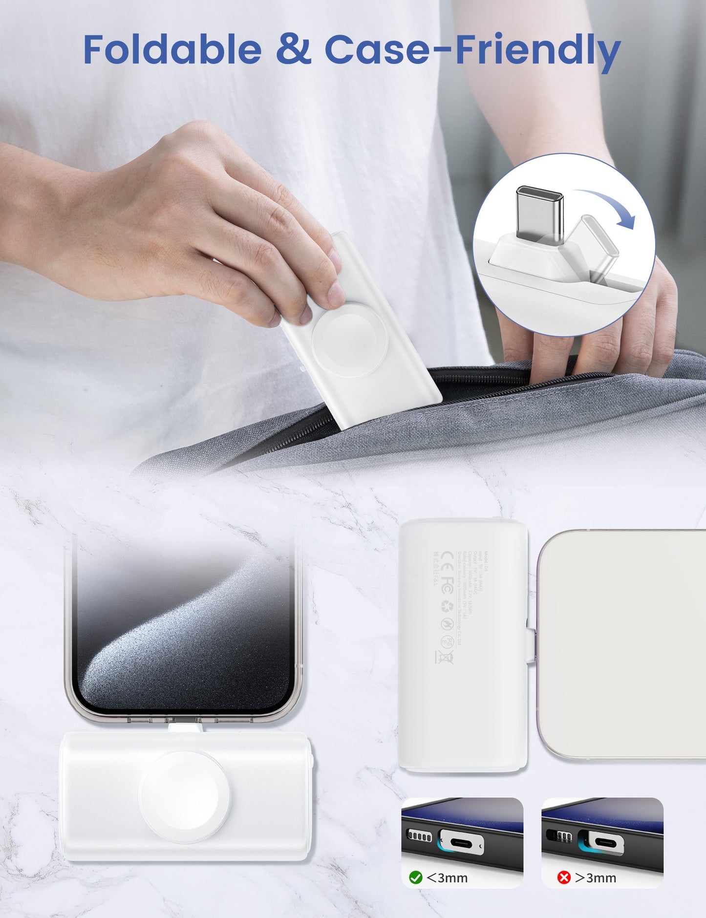 RORRY Mini Portable Charger for iPhone,5000mAh Small &Ultra-Compact 15W PD Fast Charging Power Bank Compatible with iPhone 15/14/13/12/11/XR/X/8 and Apple Watch Series 9/Ultra2/8/Ultra/7/6/5/4/3/SE