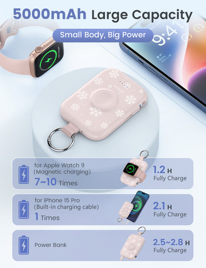 RORRY D2 5000mAh Portable Charger, Portable Charger Power Bank with Built-in Cables, Travel Keychain Battery Pack for Apple Watch Ultra 2/10/9/8/Ultra/7/6/SE/5, iPhone 16/15/14/13/12