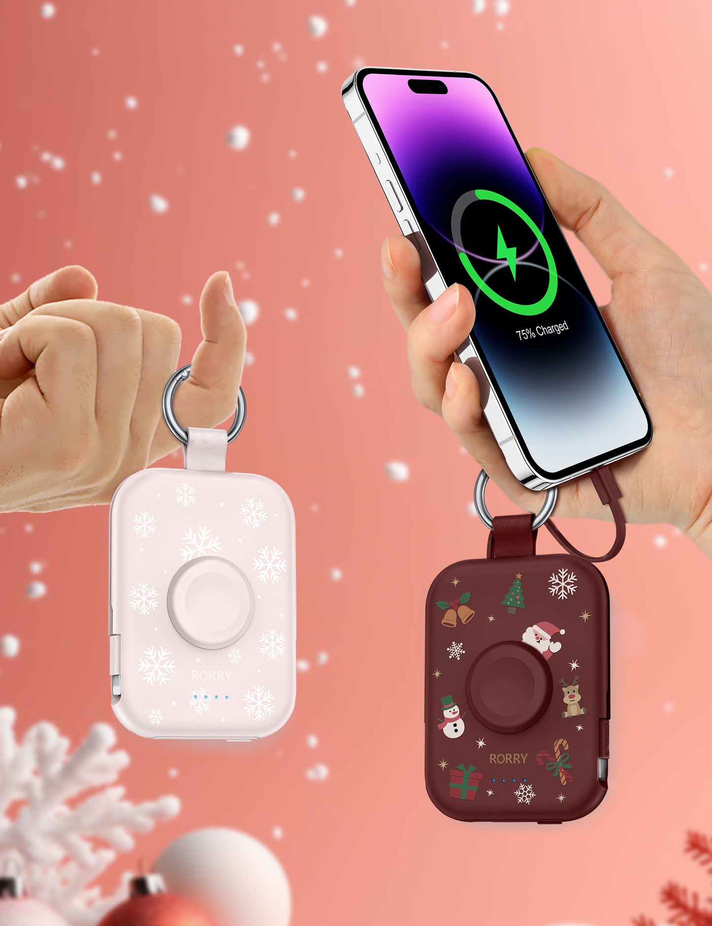 RORRY D2 5000mAh Portable Charger, Portable Charger Power Bank with Built-in Cables, Travel Keychain Battery Pack for Apple Watch Ultra 2/10/9/8/Ultra/7/6/SE/5, iPhone 16/15/14/13/12