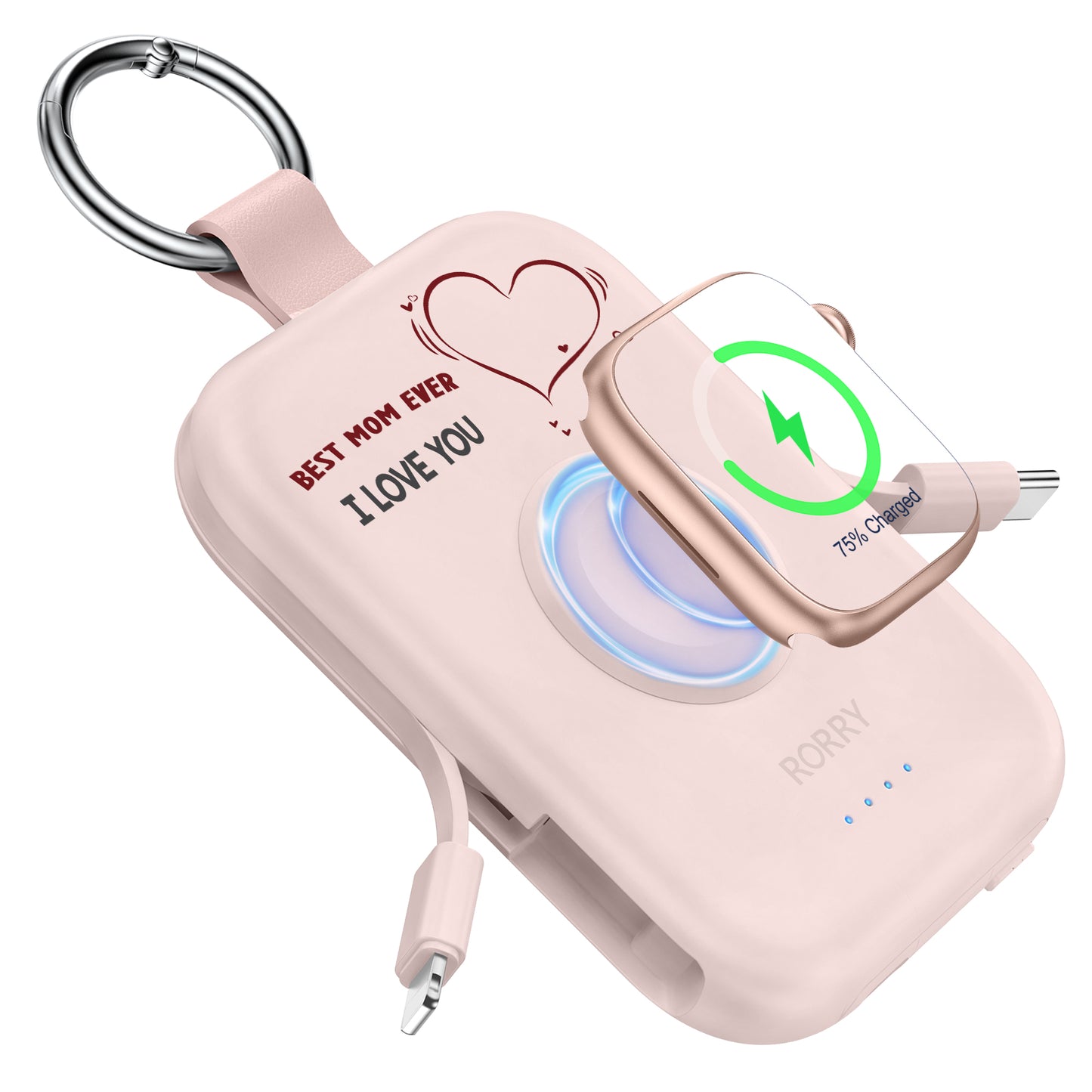 RORRY D2 5000mAh Portable Charger, Portable Charger Power Bank with Built-in Cables, Travel Keychain Battery Pack for Apple Watch Ultra 2/10/9/8/Ultra/7/6/SE/5, iPhone 16/15/14/13/12