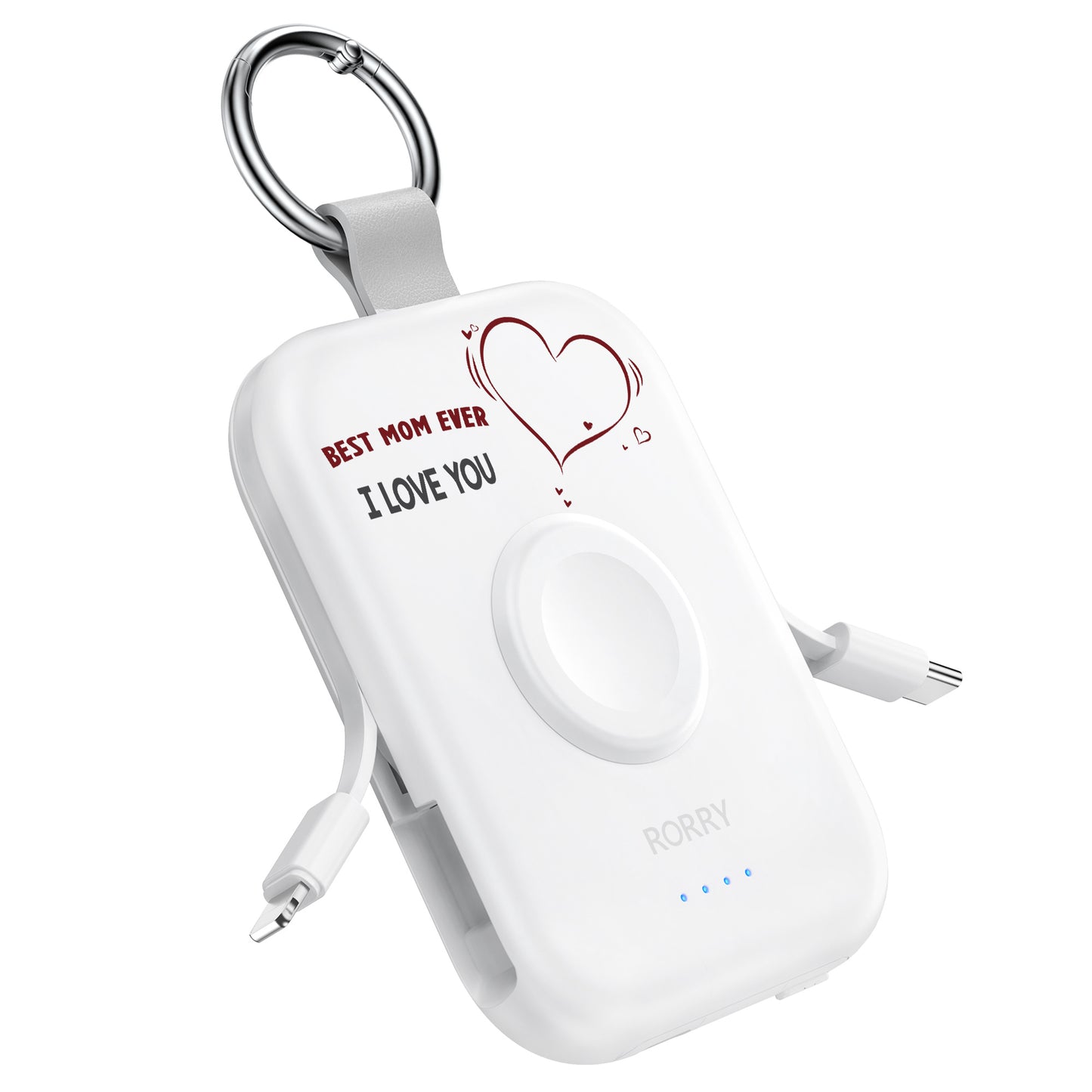 RORRY D2 5000mAh Portable Charger, Portable Charger Power Bank with Built-in Cables, Travel Keychain Battery Pack for Apple Watch Ultra 2/10/9/8/Ultra/7/6/SE/5, iPhone 16/15/14/13/12