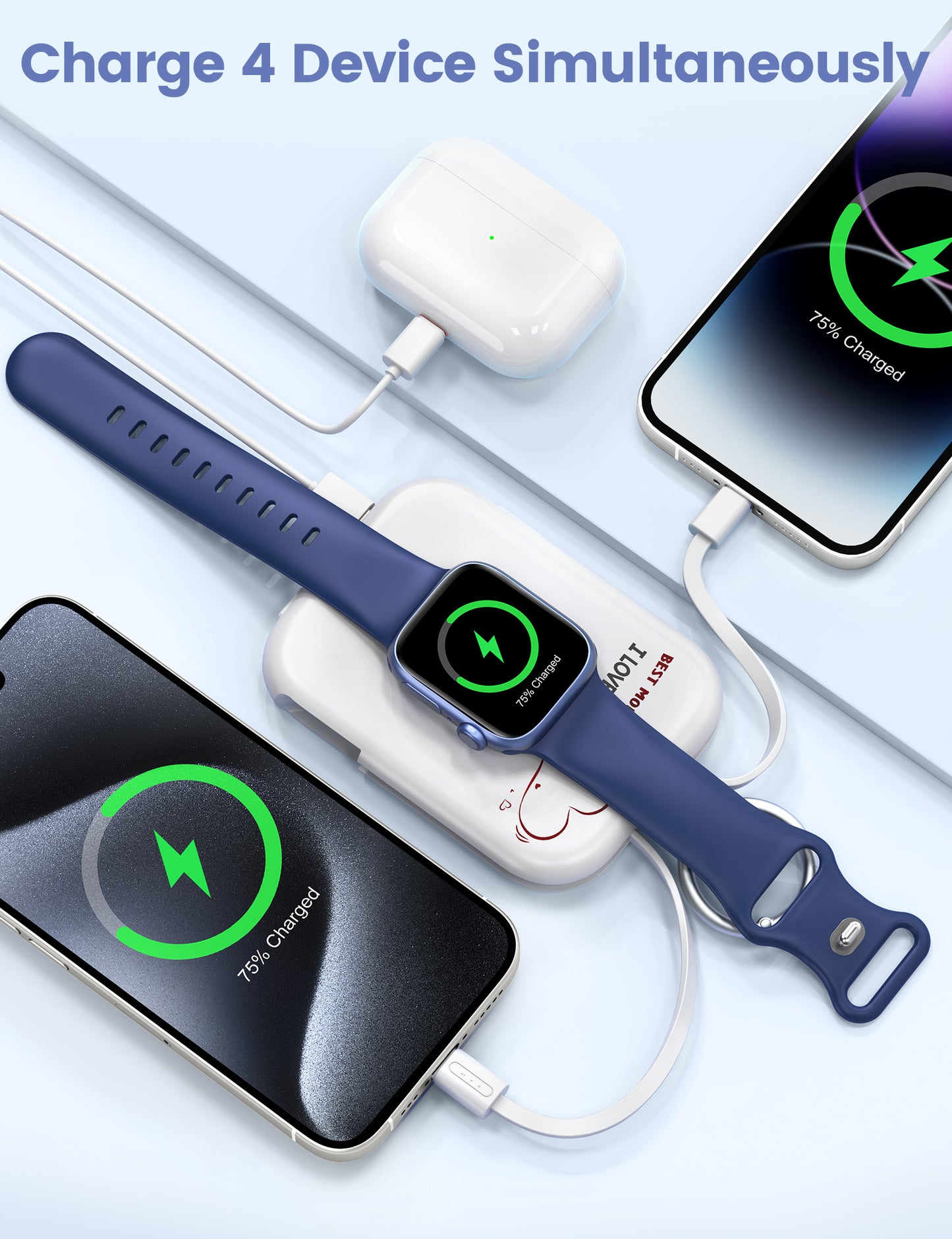 RORRY D2 5000mAh Portable Charger, Portable Charger Power Bank with Built-in Cables, Travel Keychain Battery Pack for Apple Watch Ultra 2/10/9/8/Ultra/7/6/SE/5, iPhone 16/15/14/13/12