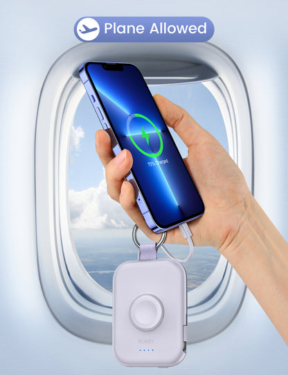 RORRY D2 5000mAh Portable Charger, Portable Charger Power Bank with Built-in Cables, Travel Keychain Battery Pack for Apple Watch Ultra 2/10/9/8/Ultra/7/6/SE/5, iPhone 16/15/14/13/12