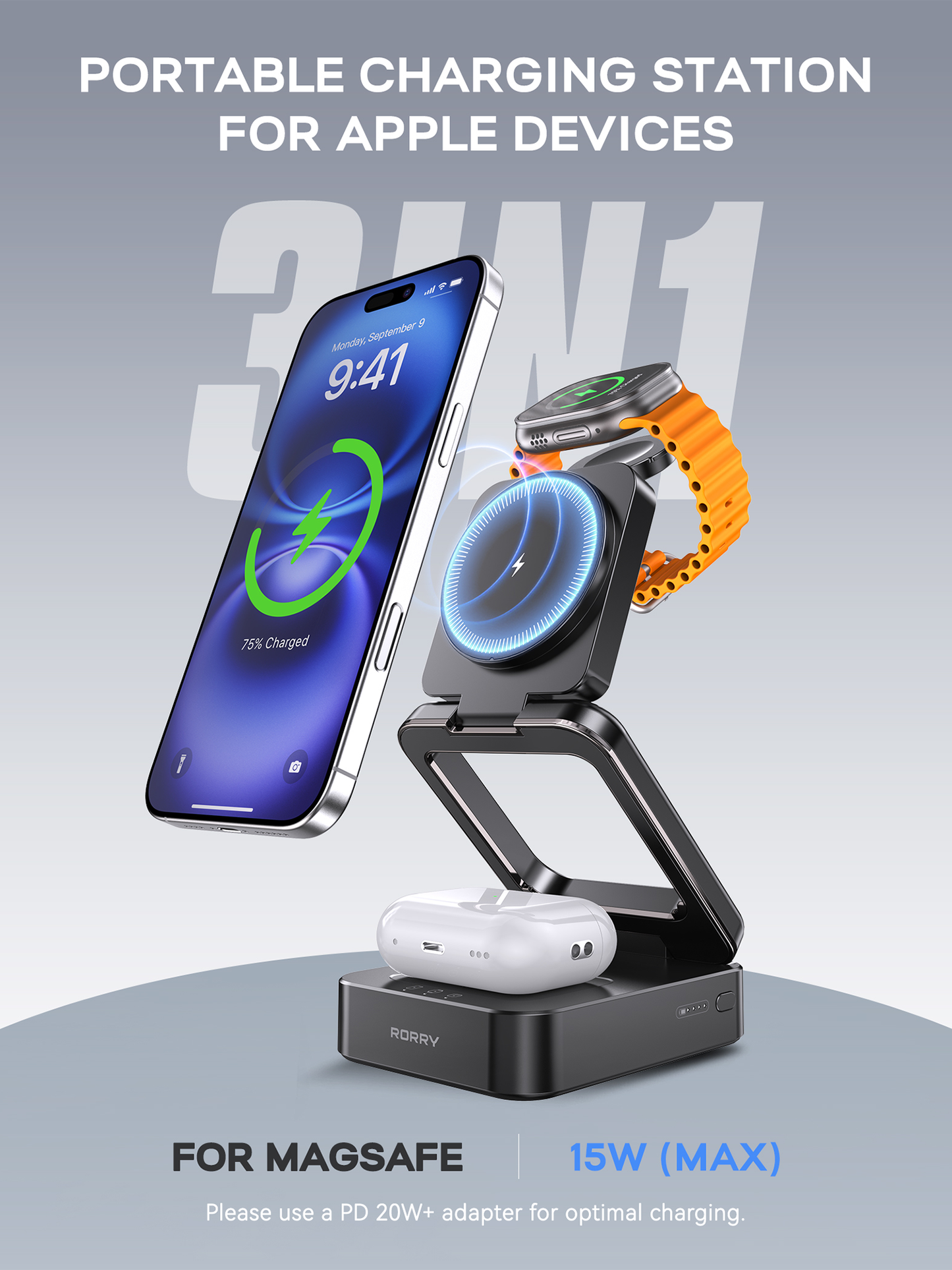 RORRY D18 10000mAh 3-in-1 Portable Charger with Power Bank, Foldable Wireless Charging Station for iPhone 16/15/14/13/12, Apple Watch & AirPods, MagSafe Compatible