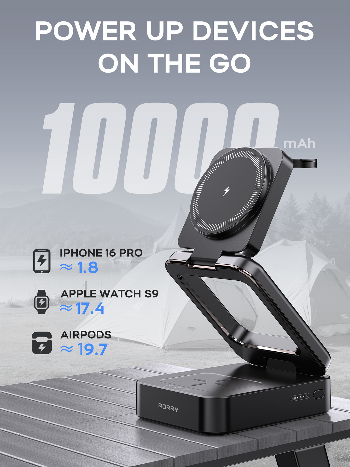 RORRY D18 10000mAh 3-in-1 Portable Charger with Power Bank, Foldable Wireless Charging Station for iPhone 16/15/14/13/12, Apple Watch & AirPods, MagSafe Compatible