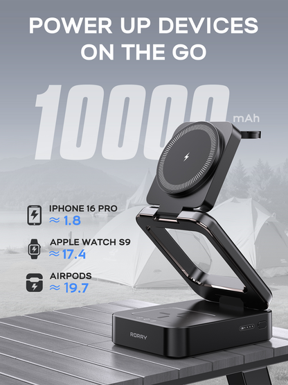 RORRY D18 10000mAh 3-in-1 Portable Charger with Power Bank, Foldable Wireless Charging Station for iPhone 16/15/14/13/12, Apple Watch & AirPods, MagSafe Compatible