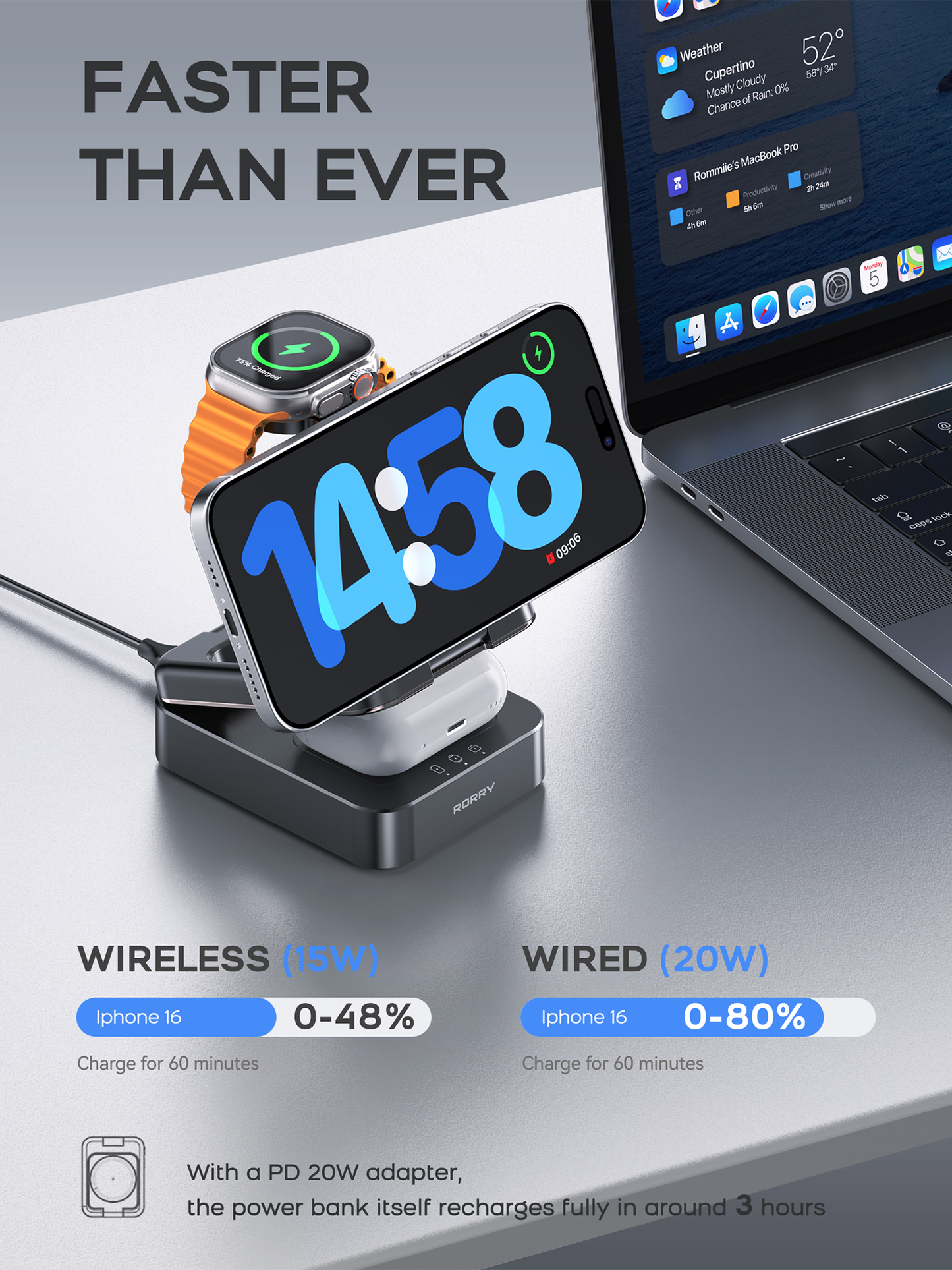 RORRY D18 10000mAh 3-in-1 Portable Charger with Power Bank, Foldable Wireless Charging Station for iPhone 16/15/14/13/12, Apple Watch & AirPods, MagSafe Compatible