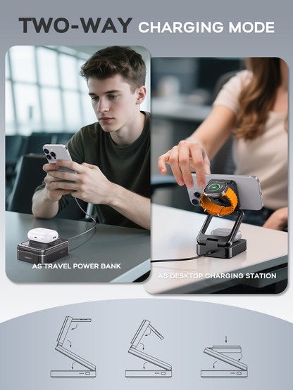 RORRY D18 10000mAh 3-in-1 Portable Charger with Power Bank, Foldable Wireless Charging Station for iPhone 16/15/14/13/12, Apple Watch & AirPods, MagSafe Compatible