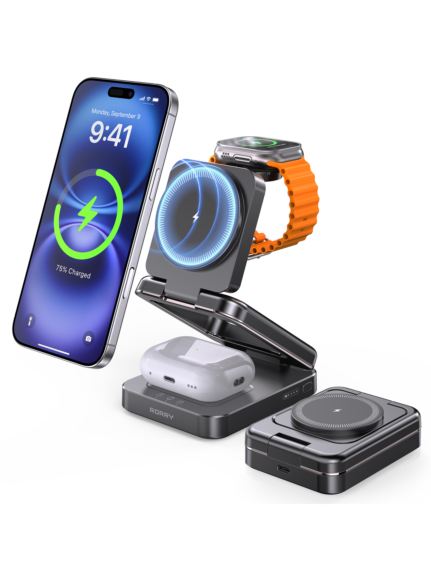 RORRY D17 5000mAh 3-in-1 Portable Charger for Apple Devices, Foldable Wireless Charging Station for iPhone 16/15/14/13/12, Apple Watch, and AirPods