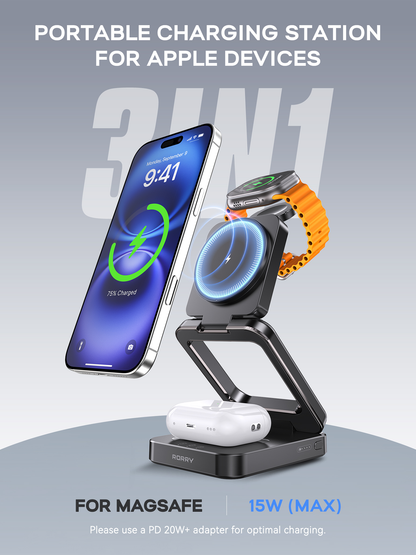 RORRY D17 5000mAh 3-in-1 Portable Charger for Apple Devices, Foldable Wireless Charging Station for iPhone 16/15/14/13/12, Apple Watch, and AirPods