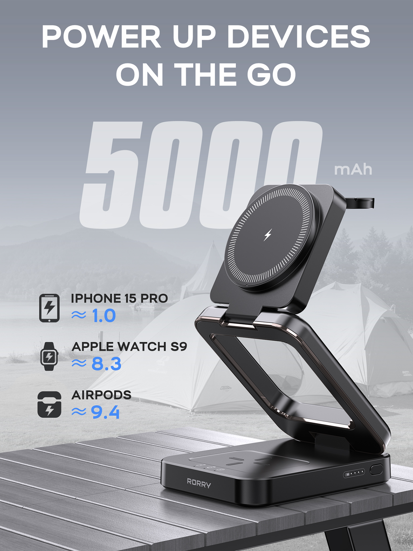 RORRY D17 5000mAh 3-in-1 Portable Charger for Apple Devices, Foldable Wireless Charging Station for iPhone 16/15/14/13/12, Apple Watch, and AirPods