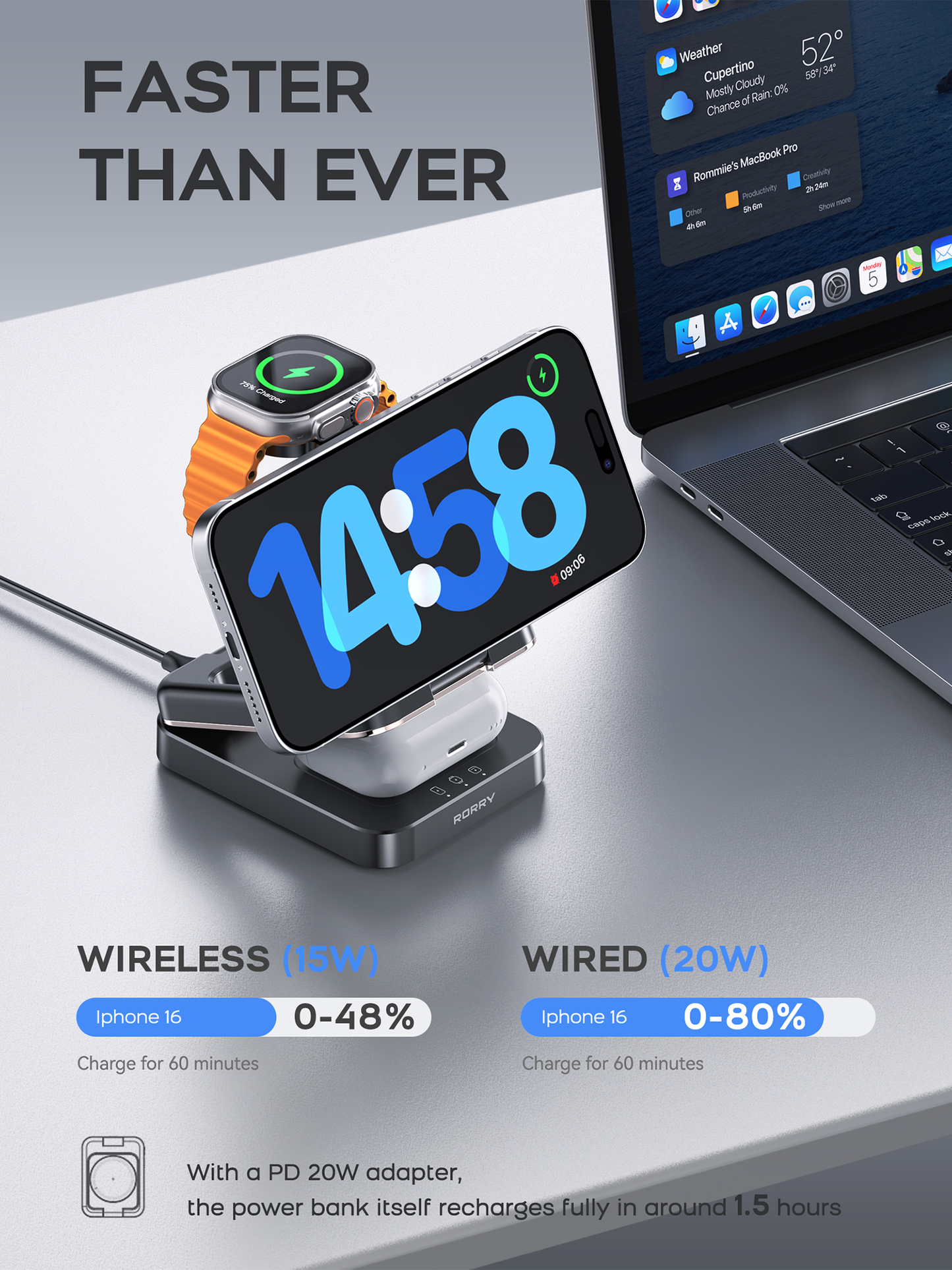 RORRY D17 5000mAh 3-in-1 Portable Charger for Apple Devices, Foldable Wireless Charging Station for iPhone 16/15/14/13/12, Apple Watch, and AirPods