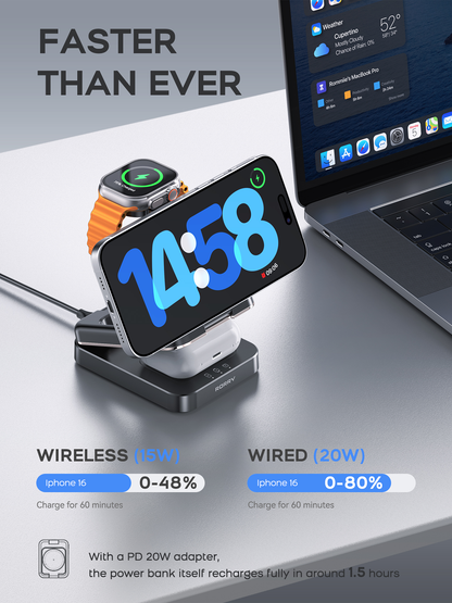 RORRY D17 5000mAh 3-in-1 Portable Charger for Apple Devices, Foldable Wireless Charging Station for iPhone 16/15/14/13/12, Apple Watch, and AirPods