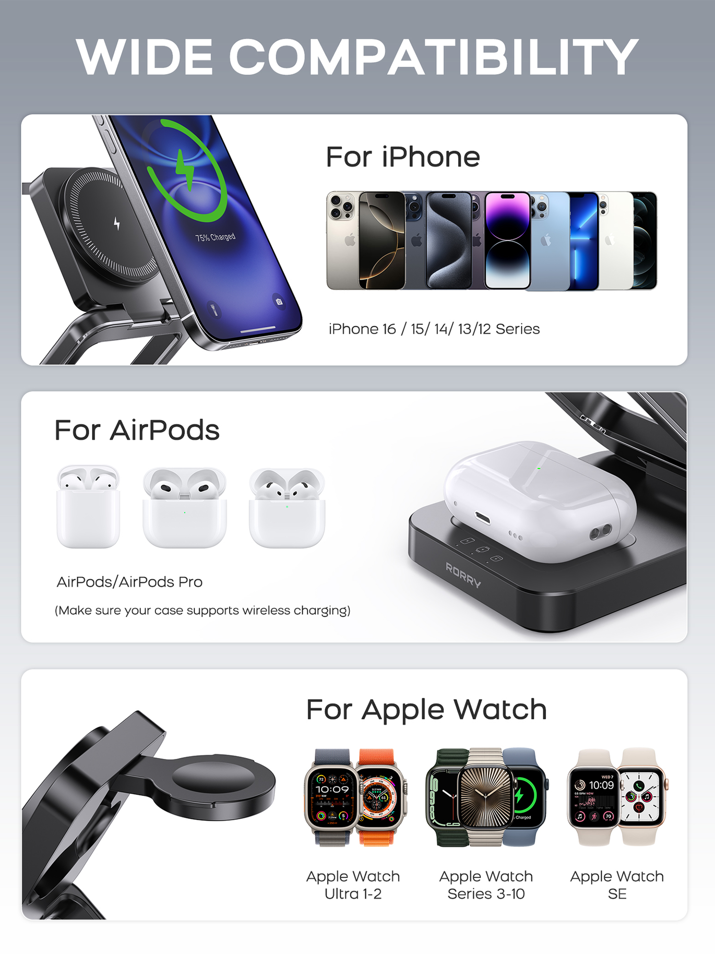 RORRY D17 5000mAh 3-in-1 Portable Charger for Apple Devices, Foldable Wireless Charging Station for iPhone 16/15/14/13/12, Apple Watch, and AirPods