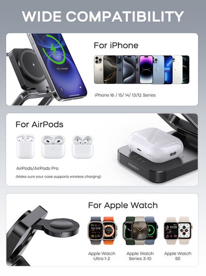 RORRY D17 5000mAh 3-in-1 Portable Charger for Apple Devices, Foldable Wireless Charging Station for iPhone 16/15/14/13/12, Apple Watch, and AirPods